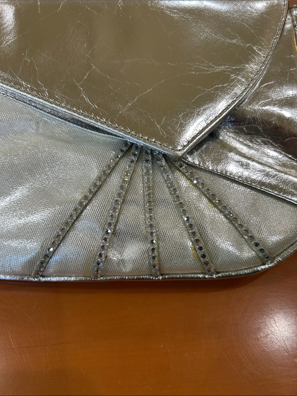 Stuart Weitzman Metallic Silver Envelope Clutch with Crystal Fan Detail